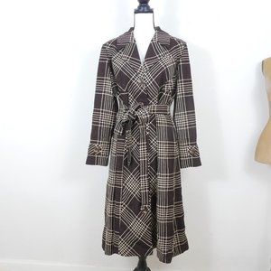 Zaftique Brown Cream Plaid Faux Tortoise Buttons Tie Belt Retro Trench Coat 2Z